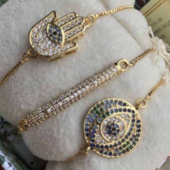 eye candy Jewelry - ARM CANDY BY EYE CANDY 3pc 18KT GP EVIL EYE, HAMSA, CZ BAR BRACELET SET**NEW!